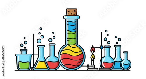 Colorful laboratory glassware filled with liquids and bubbling reactions.