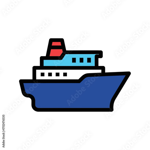 Blue cruise ship sails ocean peacefully brightly designed icon