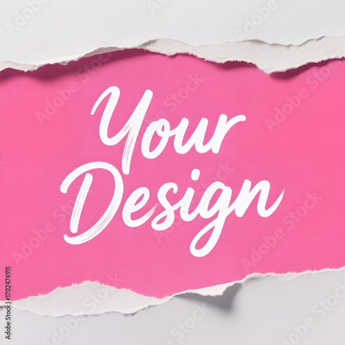 A white background with torn paper reveals a bright pink section with the words 