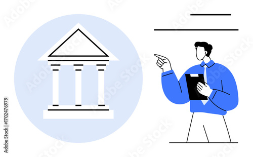 Person in business attire holding document, pointing at institutional building icon with Greek pillars. Ideal for education, law, finance, governance, professionalism, authority, flat simple metaphor