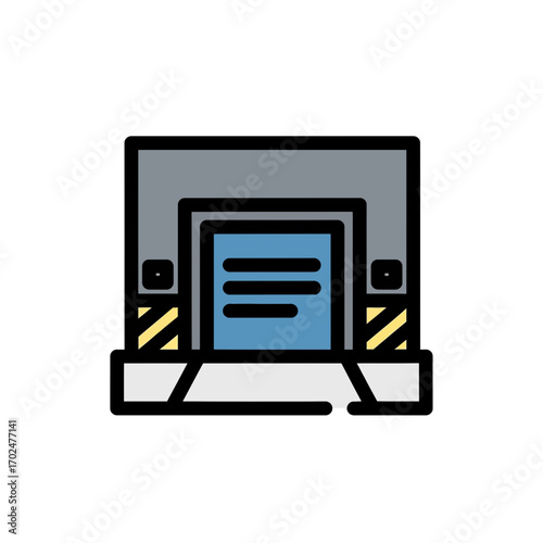 Blue door closes warehouse access point safety stripes