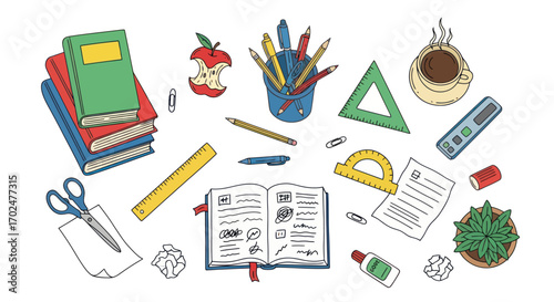 Vibrant Hand-Drawn School and Office Supplies Collection with Books Pens Rulers and Coffee.