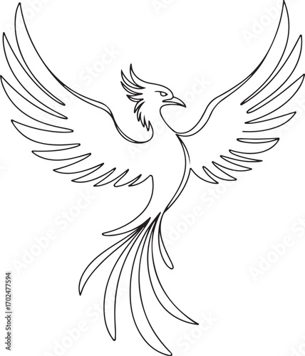 Continuous line art of phoenix bird rising, abstract symbolic vector