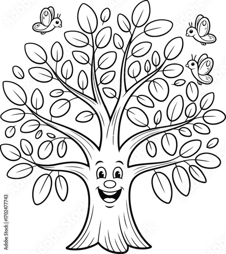 Whimsical cartoon illustration of a happy anthropomorphic tree with a smiling face and fluttering butterflies in a simple line art style
