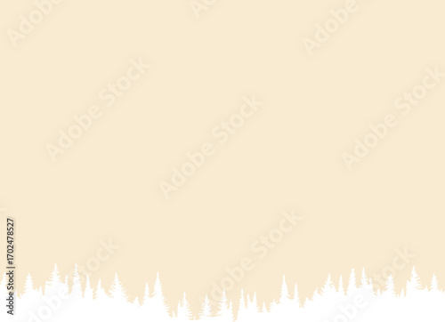 a beige background with the black silhouette of pine trees along the bottom edge.