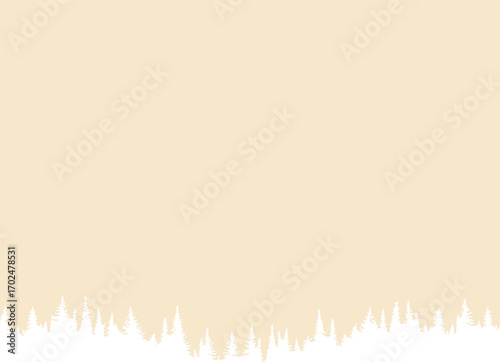 a beige background with the black silhouette of pine trees along the bottom edge.