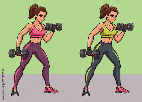 Strong athletic woman doing bicep curls with dumbbells in gym, fitness workout illustration for health, training, and sports content