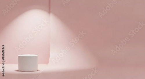 Minimalist White Cylinder on Pastel Pink Background with Spotlight Copyspace for Product Display