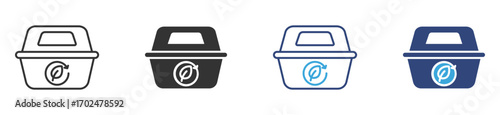 Eco-friendly compostable food container icon set, beige bio-plastic container with a  leaf, symbolizing sustainability and eco-friendliness.