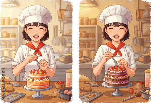 Professional Pastry Chef Decorating Cakes in Bakery Kitchen with Strawberries, Chocolate, and Cream – Culinary Art, Dessert Preparation, Food Styling