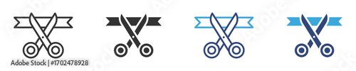 scissors cutting a ribbon icon set, for opening ceremony , ribbon cutting at inauguration event icons, vector illustration.