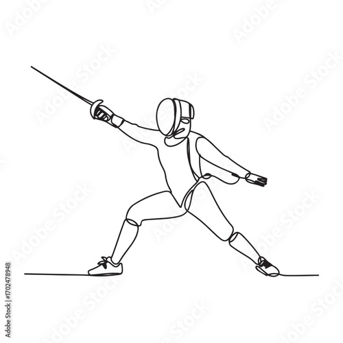 Single continuous line Art drawing of young professional fencer athlete woman in fencing mask and rapier. with white background