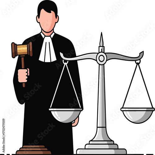 Vector, illustration, judge lawyer, scales of justice and gavel, justice, poster, background