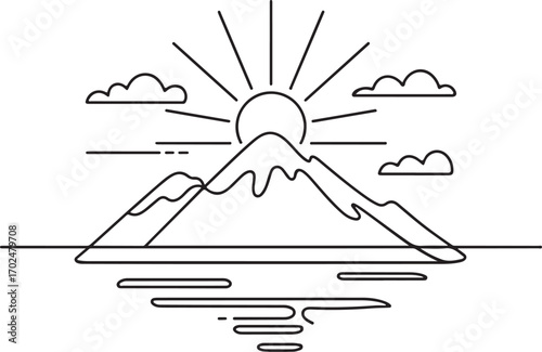 Continuous line art of mountain with rising sun, travel adventure minimal vector illustration