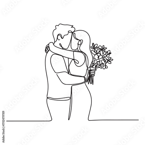 Single one line Art drawing man gives flowers to woman and hug her. Man giving to woman bouquet of flowers in wedding day. with white background