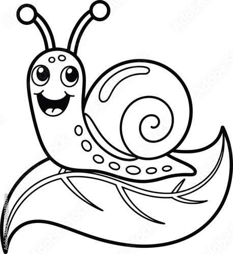 Cute cartoon snail with a happy face and antennae sitting on a leaf perfect for children s coloring pages and illustrations