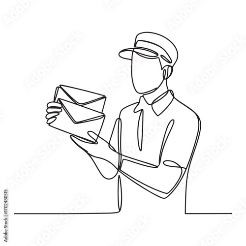 Single continuous line Art drawing of young postman holding envelopes to be sent to customer. Professional work job occupation. with white background