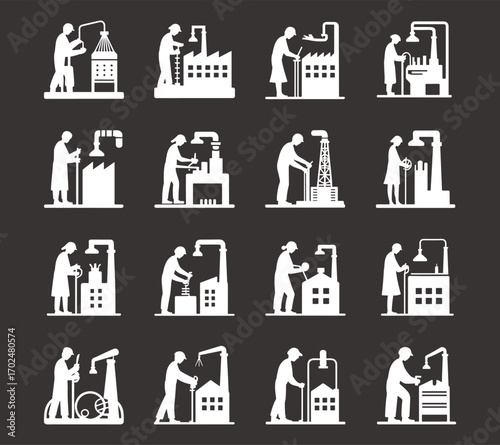 Factory worker silhouettes bundle, industrial labor vector clipart, machinery operator SVG, production line worker illustrations, industry occupation graphic collection.
