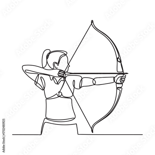 Single continuous line Art drawing of young professional archer woman focus aiming archery target. with white background