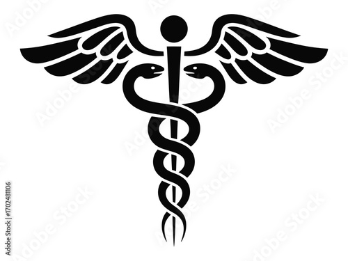 Monochrome vector illustration of the Caduceus, a symbolic staff of Hermes with two intertwined snakes and wings. A classic emblem for medicine, healthcare, and pharmacy design