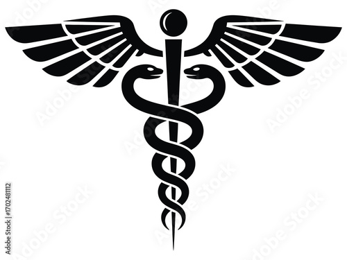 Black and white Caduceus medical symbol with two entwined snakes and wings. Vector graphic icon for healthcare, medicine, and pharmacy