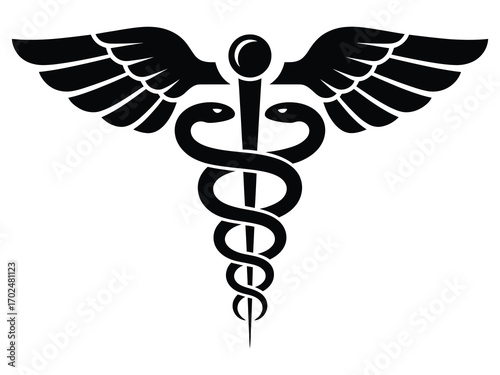 Vector graphic of the Caduceus staff, a well-known medical and health symbol with two intertwined snakes and wings, isolated on a white background