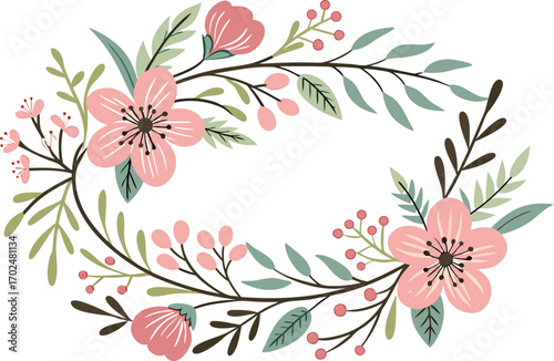Vector art of oval floral frame featuring pink blossoms, green leaves, and delicate berries, creating a charming and elegant botanical design