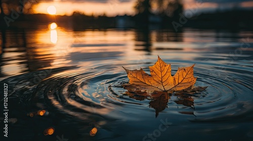 A Single Autumn Leaf Floats on Calm Sunset Water