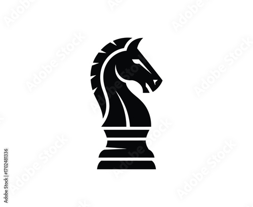 A powerful black knight chess piece shown in a bold silhouette style, an elegant vector graphic design for a modern logo or icon