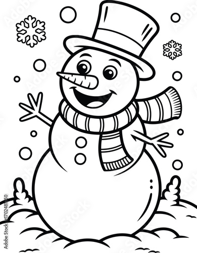 A cheerful cartoon snowman wearing a top hat and striped scarf stands happily in the falling snow ready for winter fun