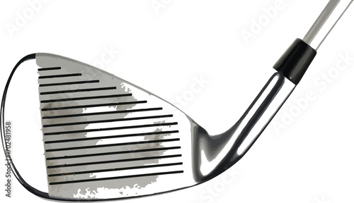 Close up of a golf club iron face against a white background