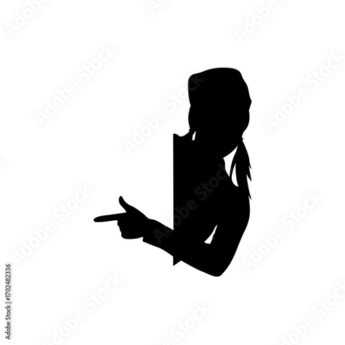 A simple, dramatic silhouette of a woman pointing with one finger, suggesting direction, communication, or presentation.