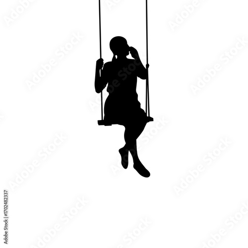 A simple, elegant silhouette of a girl seated on a swing, seemingly lost in thought or conversation.