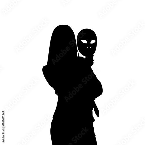 A striking silhouette of a woman in business attire holding a theatrical mask.