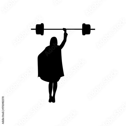 A strong, black silhouette of a woman lifting a barbell, evoking a sense of athleticism and empowerment.