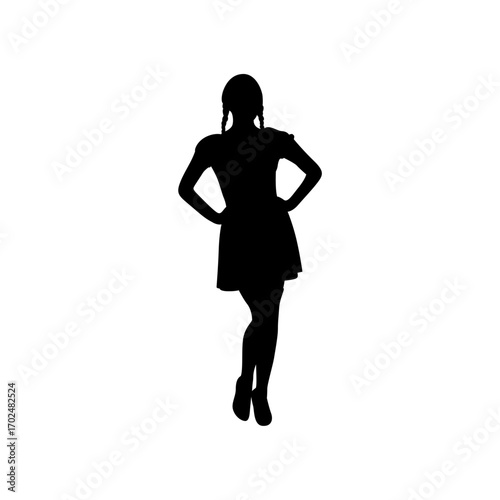 A bold, black silhouette of a woman posing in a short, fashionable dress.