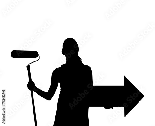 A simple silhouette of a woman holding a paint roller and a large arrow, set against a plain white background.