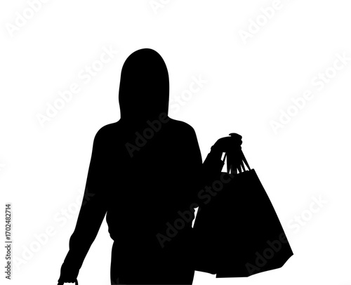 A simple, impactful silhouette of a woman walking with shopping bags, set against a plain white background.