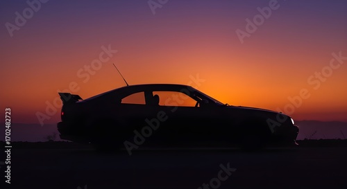 Silhouetted Sports Car with Rear Spoiler Against Vibrant Purple and Orange Sunset
