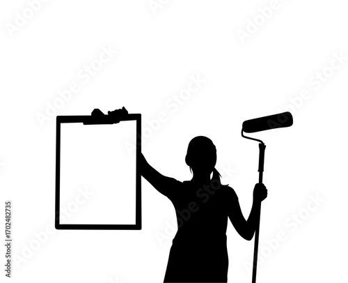 A black and white silhouette of a woman holding a blank picture frame and paint roller, suggestive of interior painting or home improvement projects.
