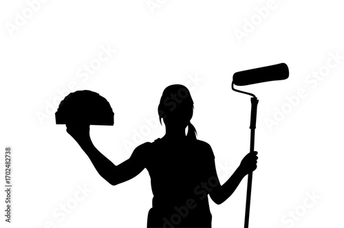 A simple, bold silhouette of a woman holding a paint roller and a section of wall cutout, against a plain white background.