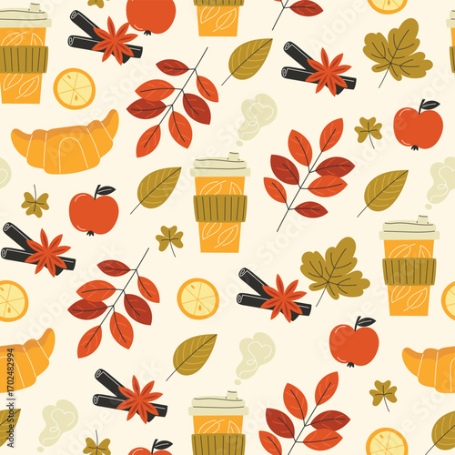 Cozy autumn seamless pattern with hot coffee to go, fall leaves, croissants, apples, and aromatic spices like cinnamon and anise