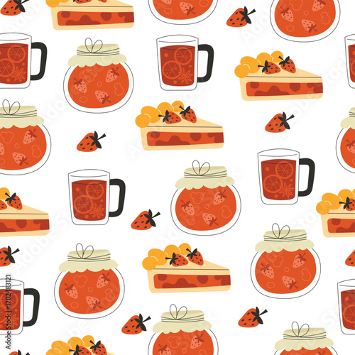 A delightful seamless pattern of homemade strawberry jam jars, delicious pie slices, and hot tea mugs for a cozy afternoon tea
