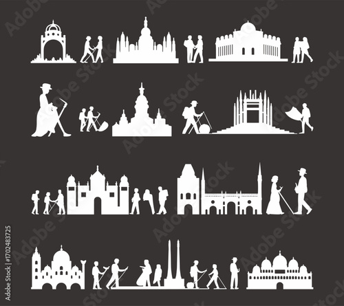 Landmark and tourist silhouettes, monuments, cathedrals, domes, arches, travelers, walking couples, global architecture icons for tourism and travel