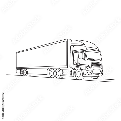 One continuous line Art drawing of long trailer truck for logistic delivery, commercial vehicle. with white background