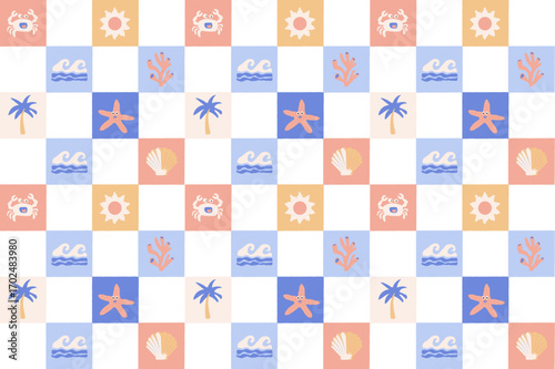 A seamless summer pattern featuring beach icons such as crab, seashell, starfish, coral, palm tree, sun, and ocean waves.