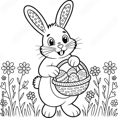 Adorable cartoon bunny holding a basket filled with easter eggs standing in a field of flowers black and white line art illustration