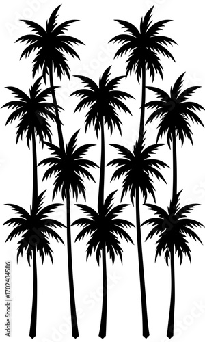 Silhouette of a tropical palm tree grove against a white backdrop evoking summer vacation vibes and island paradise dreams with a minimalist and modern aesthetic