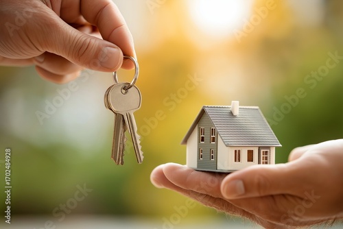 Hand is handing over set of keys to another hand holding small model house, symbolizing real estate transaction or new home ownership. background is softly blurred, suggesting warm, welcoming