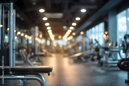 Blurred Modern Gym Interior with Warm Bokeh Lights and Fitness Equipment